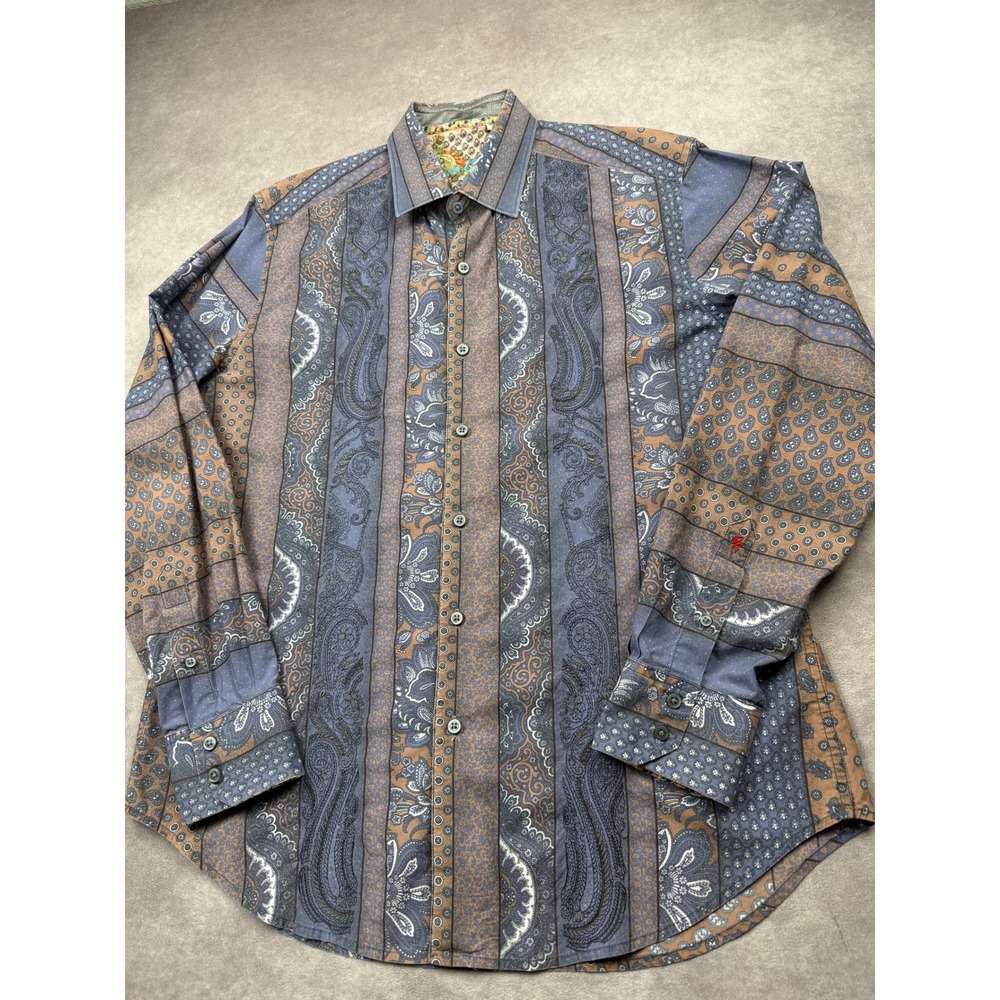 Robert Graham Men L Classic Paisley Stripe Reverse Cuff  Button Shirt Brown Blue